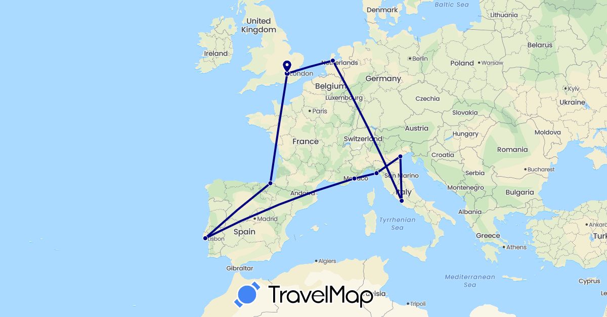 TravelMap itinerary: driving in Spain, France, United Kingdom, Italy, Netherlands, Portugal (Europe)
